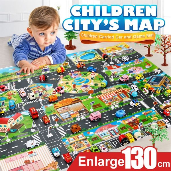 39 pezzi mappa della città giocattoli per auto modello tappetino strisciante game pad per bambini giocattoli interattivi per case da gioco (28 cartelli stradali + 10 auto + 1 mappa) 210320