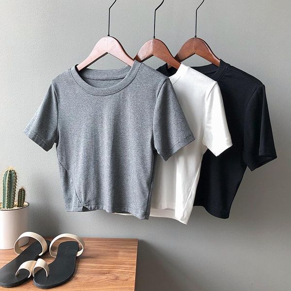 

women's t-shirt 2021 spring summer short women solid color cotton ins web celebrity high waist crop midriff sleeve top, White