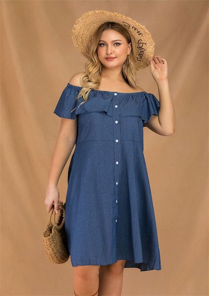 

plus size dresses for women one word collar strapless buttons pure blue pattern a line skirt lotus sleeve sandy beach vacation, Black