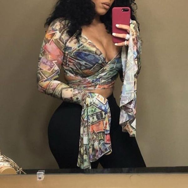 

tie dye t-shirt 2021 spring summer women tshirts fashion crop printed long flare sleeve v-neck casual shirt women's, White