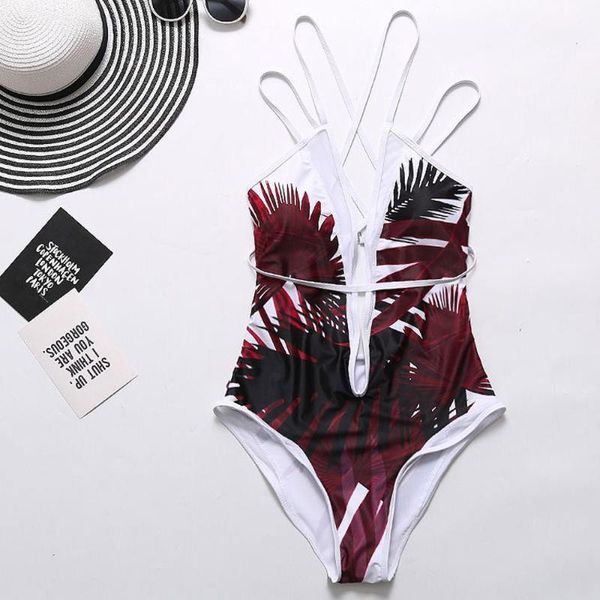 

one-piece suits fashion summer women's straps leaf print halter swimsuit bikini 2021 a3067