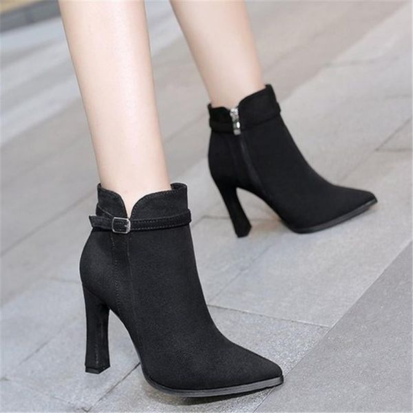 

boots autumn winter side zipper shoes women short boot square heels fashion pointed toe ankle woman thick bottom non-slip, Black