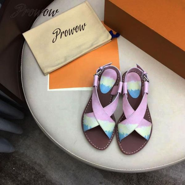 

prowow luxury designer rainbow cross band beach vacation sandals flats shoes women, Black