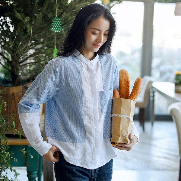 

johnature women casual striped shirts patchwork color cotton blouses stand long sleeve spring loose soft shirts 210521, White