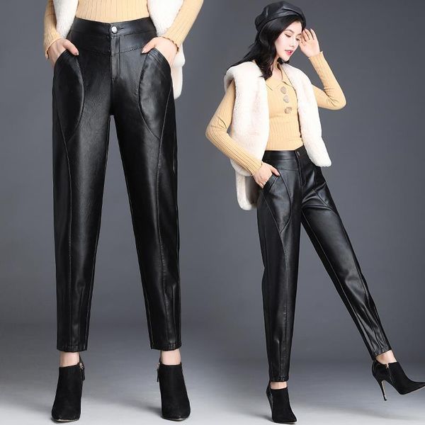 

fashion leather autumn and winter women capris pu were thin large size high waist tapered nine points, Black;white