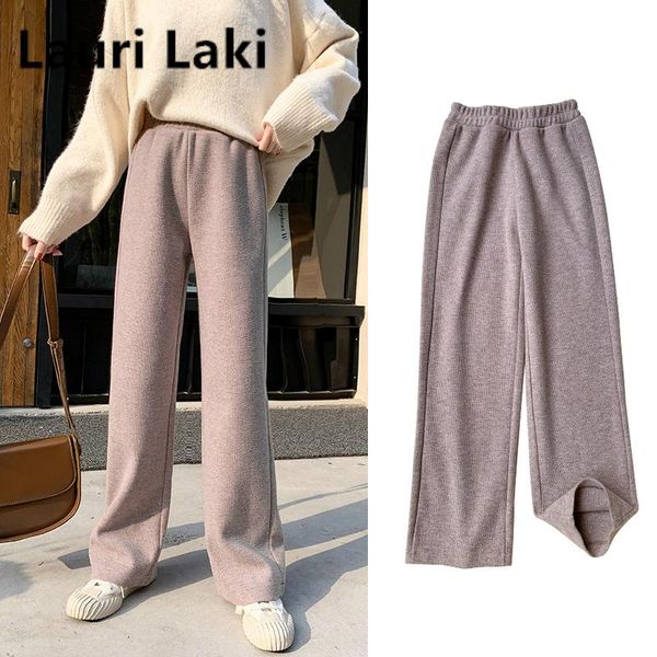 

women's pants & capris women wide leg straight knitted trousers autumn winter vintage elegant high waist pantalon femme, Black;white
