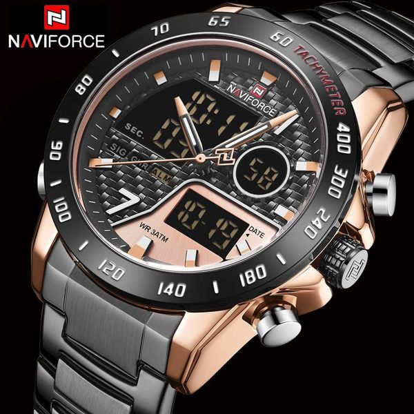 

wristwatches naviforce men's watch fashion full steel quartz wristwatch men led dual display waterproof male clock relogio masculino 20, Slivery;brown