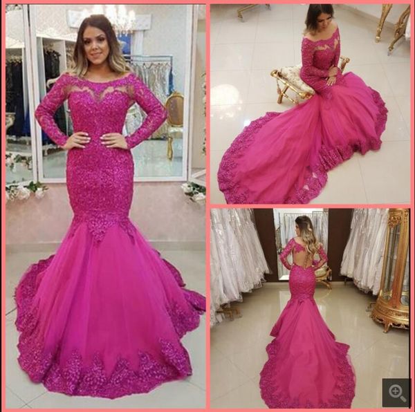 

2021 robe de soiree fuchsia mermaid prom dresses off the shoulder beaded lace appliques long sleeve formal party dress illusion back elegant, Black