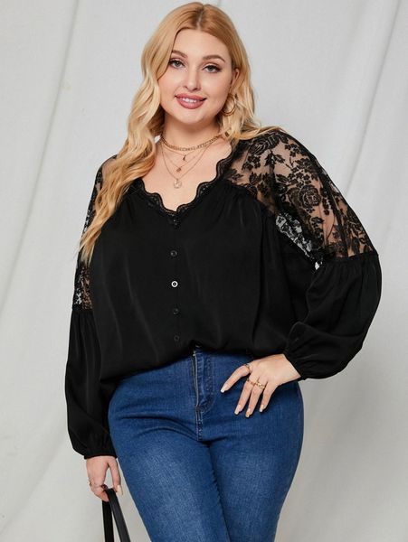 

plus lace insert lantern sleeve blouse v37j#, Black