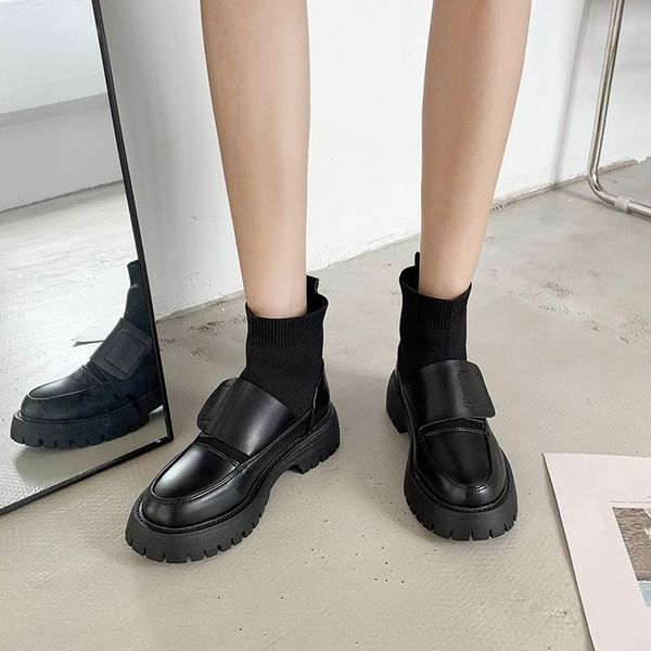

boots leather sock 2021 women ankle chunky heels platform round toe autumn winter female classic shoes dress, Black