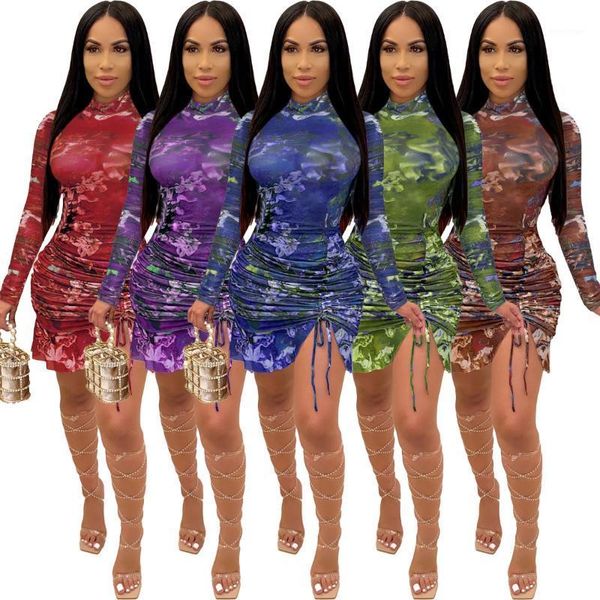 

casual dresses shirring folds personality print summer club ladies short dress full long sleeves irregular streetwear half high collar, Black;gray