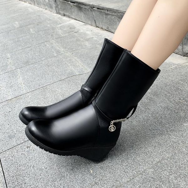 

boots 2021 fashion spring pu women zip pointed toe footwear thick high heels female boot party shoes wedges girl, Black