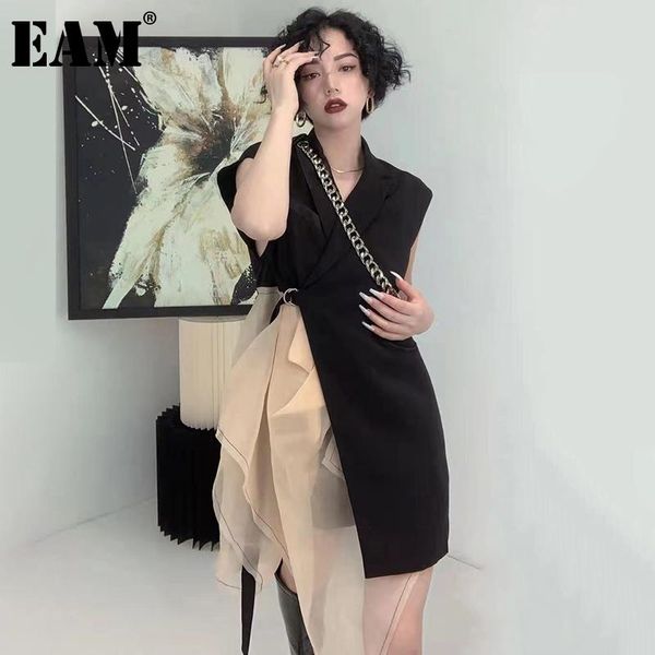 

women's vests [eam] women loose fit black irregular pleated mesh long vest lapel sleeveless fashion tide spring autumn 2021 1de1551, Black;white