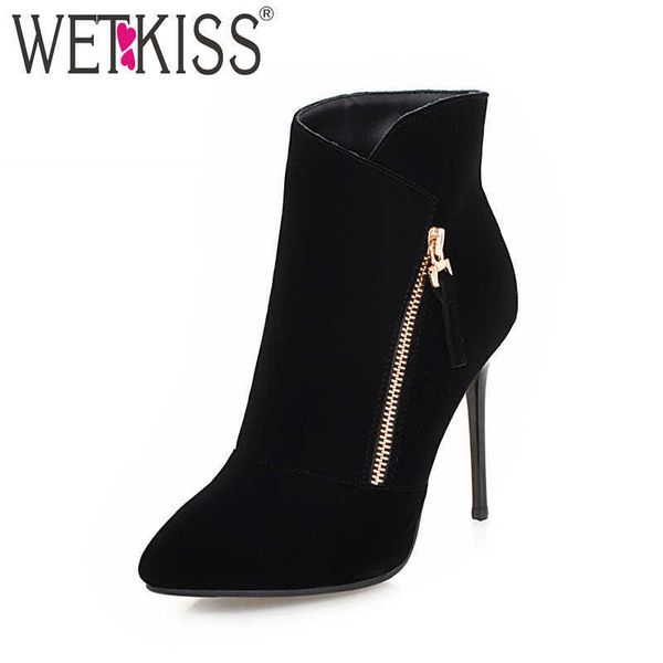 

wetkiss plus size winter thin high heel ankle boots pointed toe footwear zip flock female boot party shoe 210630, Black