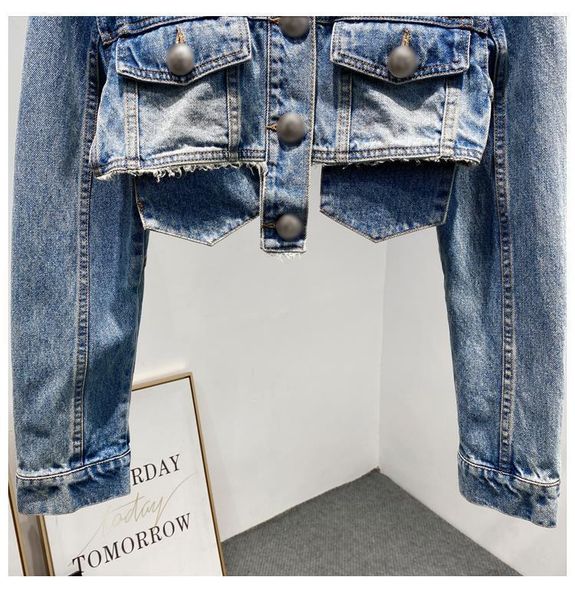 

women's jackets women short cropped denim jacket female decorative buttons double oockets casual outerwear jeancoat long-sleeved sprin, Black;brown