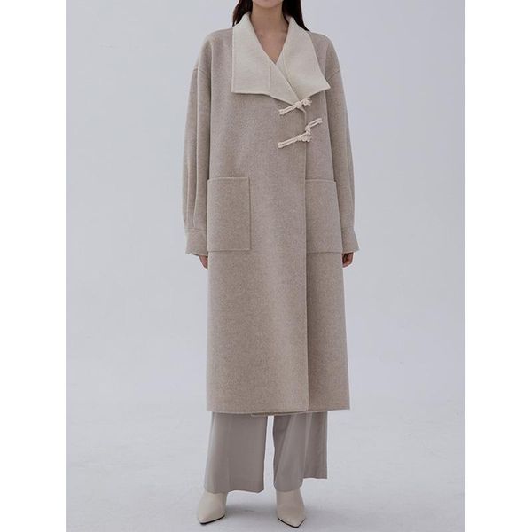 

women's wool & blends [colline2021] colline2021 autumn double-sided tweed coat large lapel ox horn buckle design contrast, Black