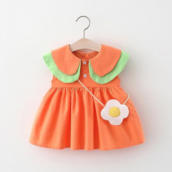 

girl's dresses summer 2021 baby girls solid lapel collar sleeveless sundress princess party children kids pleated dress + flower bag ve, Red;yellow