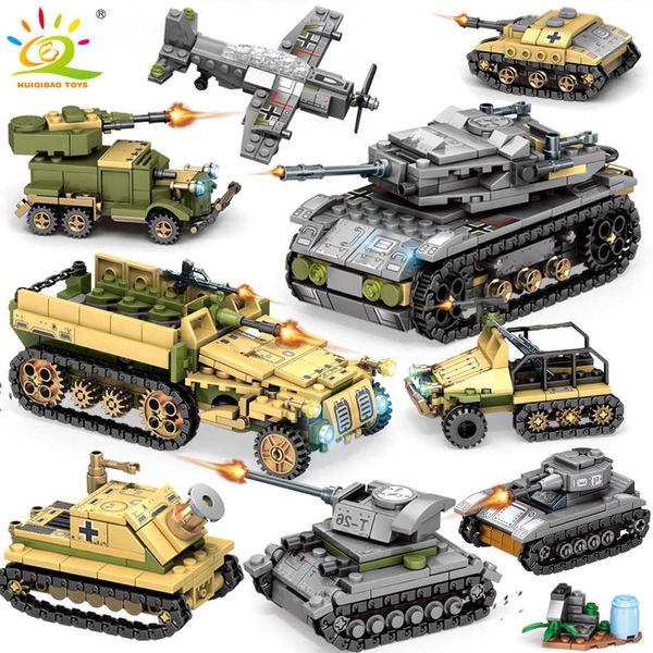 Huiqibao 1061pcs 8in2 WW2 Tanque de caminhão do exército Bloco de armas de carro de carro militar Modelo Figura Modelo de tijolos Toys para crianças Q0624