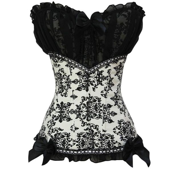 

women's shapers coldker black chiffon stitching ceramic printing corset lace high-end tights gothic bow corsage, Black;white