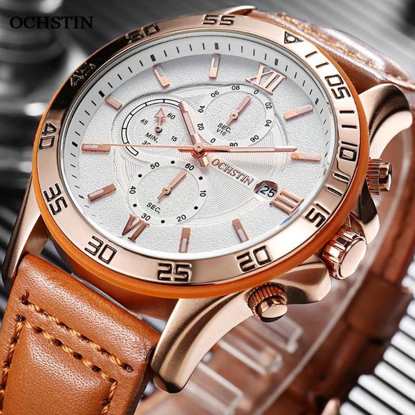 

wristwatches 2021 ochstin watch for men military leather nylon wrist watches mens casual sports clock chronograph wristwatc, Slivery;brown