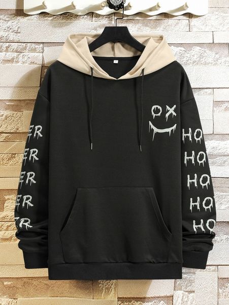 

romwe guys letter graphic colorblock kangaroo pocket drawstring hoodie 96e9#, Black