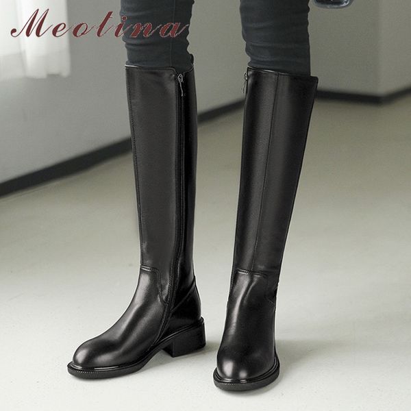 

natural genuine leather block heels riding boots women long shoes zip mid heel knee high autumn winter black 210517