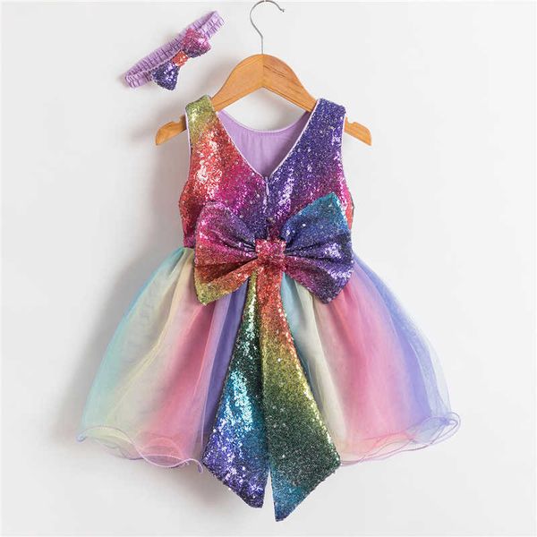 Arco-íris cor princesa vestido de festa para meninas grande bowknot 1 ano velho traje de aniversário luxo brilhando lantejoulas menina vestido q0716
