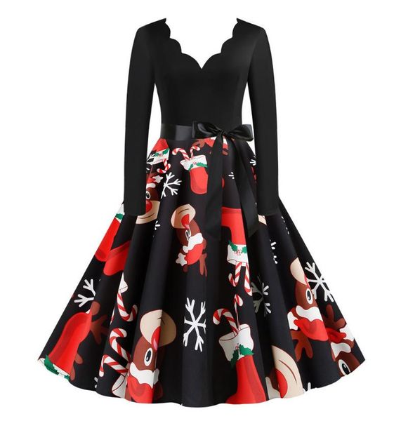 

casual dresses black big swing print vintage christmas dress women autumn winter long sleeve v-neck year party plus size, Black;gray
