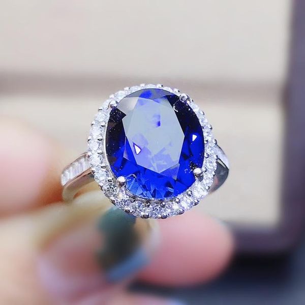 

blue sapphire or natural chalcedony ring per jewelry 925 sterling silver 12*14mm 8ct big gemstone fine j2120816 cluster rings, Golden;silver
