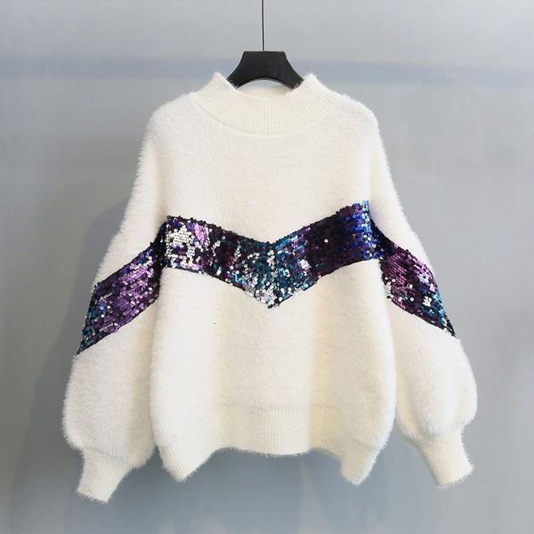 

mink sweater women's spring 2021 loose high neck pullover sequin, White;black