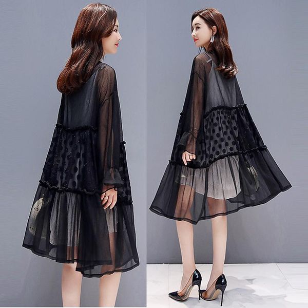 

women's blouses & shirts kimono beach long cardigan blouse women white black sunscreen flare sleeve chiffon spliced dot sheer woman clo