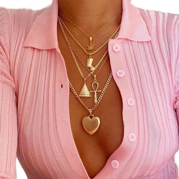 

5 pcs/set women punk peach heart cross triangle leaf portrait pendant multilayer clavicle chain beach necklaces jewelry gifts, Silver