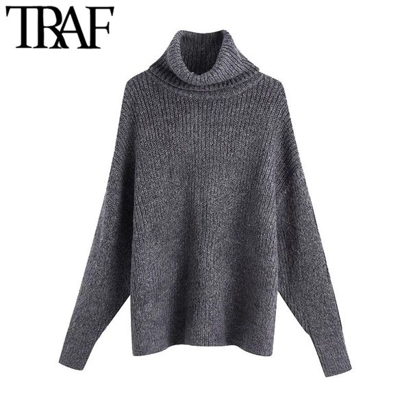

women fashion thick warm loose knitted sweater vintage high neck long sleeve side vents female pullovers chic 210507, White;black