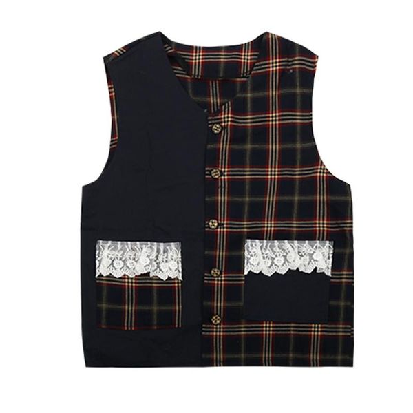 

women's vests casual spring summer arrivals women vest coats plaid ruffles lace patch v neck sleeveless jackets preppy style, Black;white