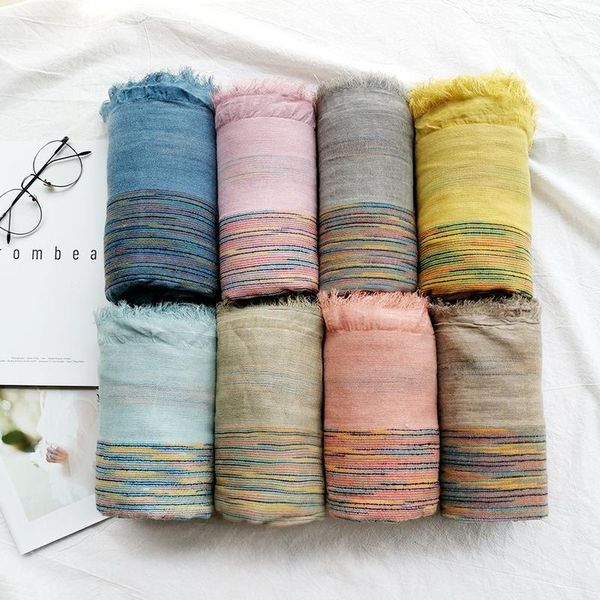 

scarves japanese literature and art style cotton linen scarf double-layer color stripe tassel silk easy to match women's shawl, Blue;gray