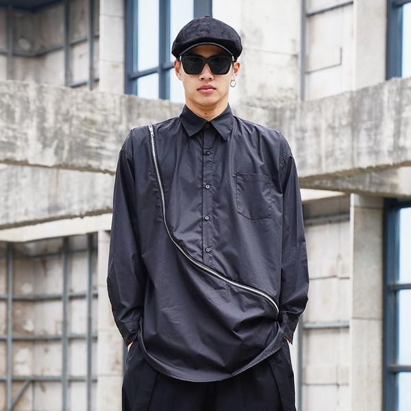 

men's casual shirts singer stage style classic simple dark zipper design in the long loose large size shirt, White;black