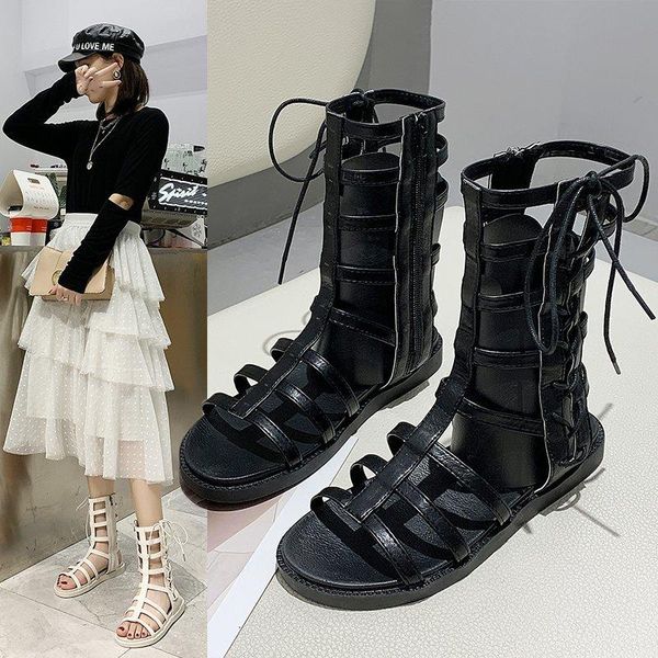 

boots 2021 summer women's sandals flat bottom hollow high help roman shoes for women, Black