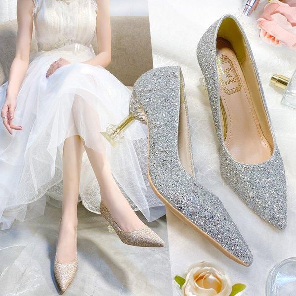 

dress shoes 2021 bridal sequin high heels stiletto pumps bridesmaid glass, Black