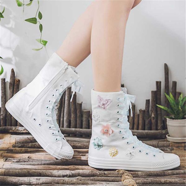 

boots 2021 spring autumn women canvas casual high flat shoes fashion black white appliques lace-up mid-calf botas mujer