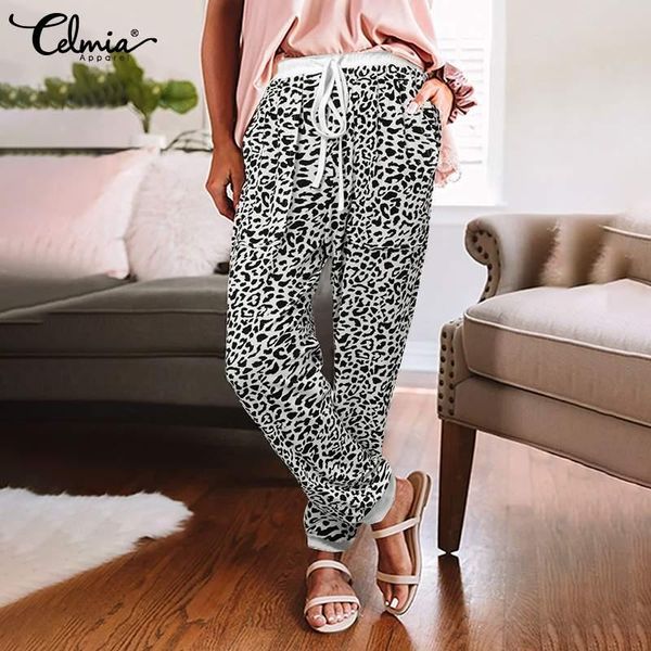 

celmia women pajamas fashion long pants leopard print pockets homewear trousers drastring elastic high waist sleep bottoms 5xl women's, Black;red