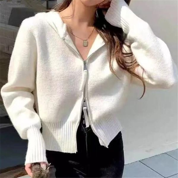 

women's knits & tees 2021 autumn winter cropped cardigan women sweater zipper hooded knitted casual slim solid korean lady outwear 5 c, White