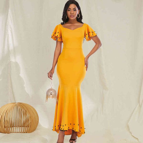 

long yellow party dress with beads dinner night mermaid maxi plus female size birthday celebrate clothes for summer 2up5, Black;gray