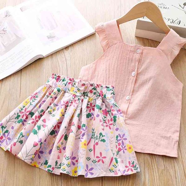 Cute Girl Clothes Suit Summer Flying Sleeve Camicetta tinta unita + Gonna con stampa floreale 2 pezzi Set per bambini casual 210515