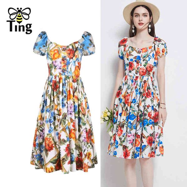 

designer runway luxury flower button decor floral women summer dress a line street casual chic vestido aesthetic clothes 210513, Black;gray