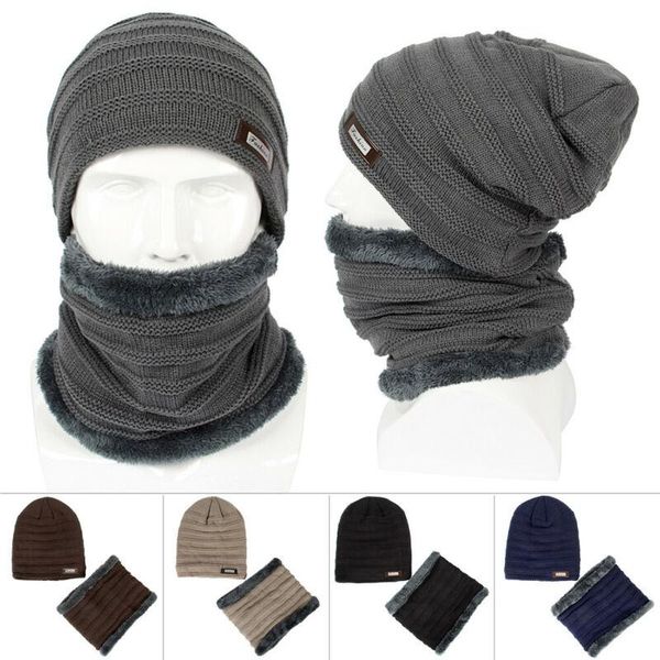 

scarves winter mens oversize warm baggy beanie knit hat slouchy cuff skull ski cap & fleece neck warmer set lined neckerchief, Blue;gray