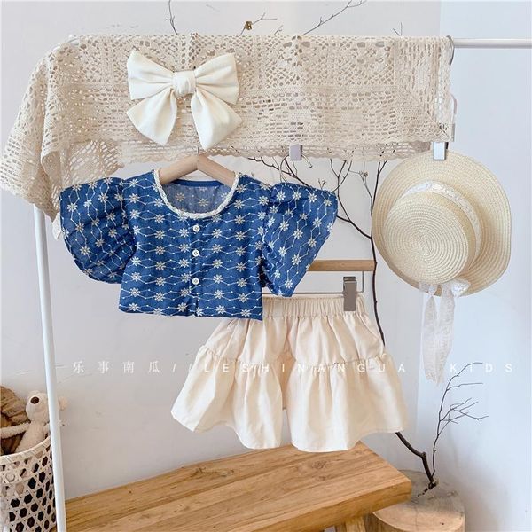 

clothing sets kids baby girls summer butterfly sleeve flower shirts single-breasted solid skirts toddler children clothes 2pcs 2-8y, White