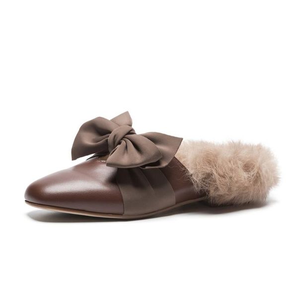 

slippers female muller shoes real leather fabric comfortable inner fur decoration autumn winter casual women's, Black