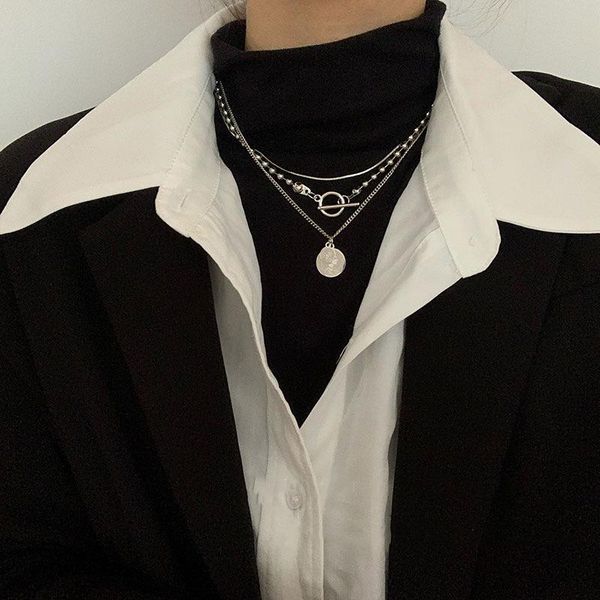 

Multiple Layered Head Portrait Coin Pendant Necklace For Women Silver Color Metal Toggle Clasp Circle Beaded Choker Necklaces