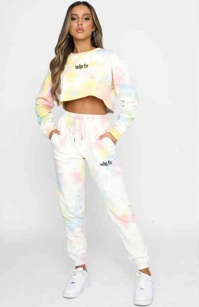 

2 pieces suit womens tie-dye round neck long sleeve pullover crop elastic drawstring trousers fashion casual sports outfits, White