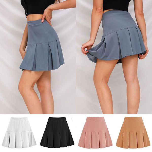 

fashion high waist pleated skirts for women solid color girls a line uniform school skirt summer short mini jupes femme, Black